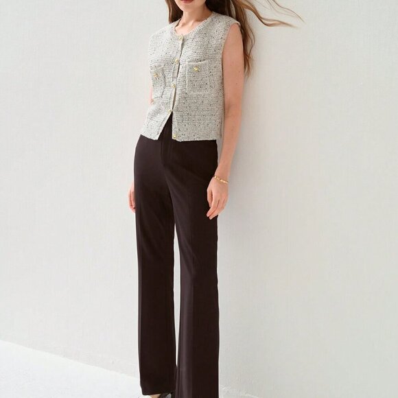 Light Grey Women's Casual Blend Gray Button Trimmed Sweater Vest - Picture 5 of 8